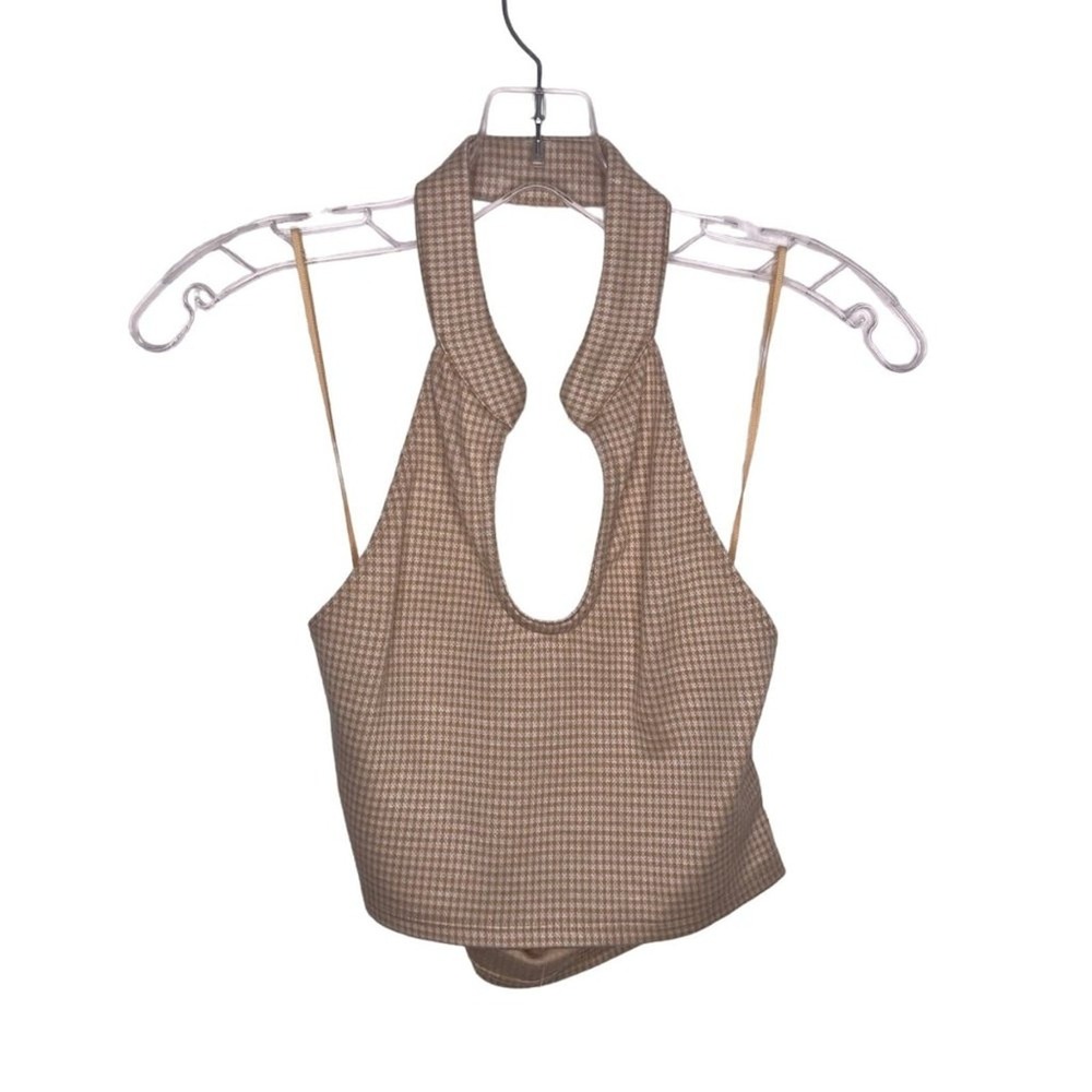 Aster Houndstooth Halter Top Tan White Keyhole Crop Top Medium NEW